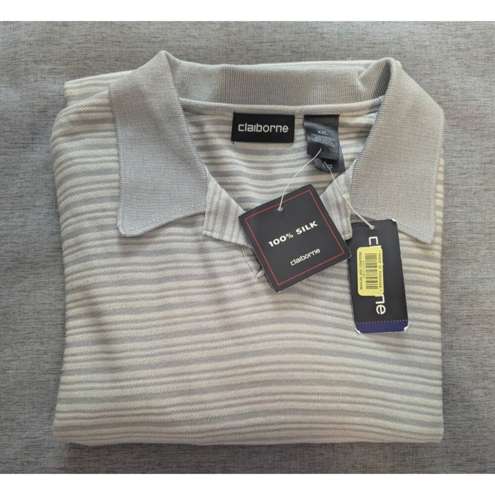 Claiborne Men's Short Sleeve Polo Shirt Textured XL 100% Silk Gray VTG NWT